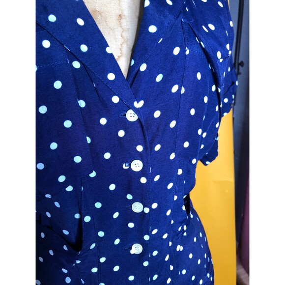 1970s-1980s 40s StylePolka Dot Drop Waist Button Up Back Peplum Dress. S-M AS IS - Picture 5 of 10